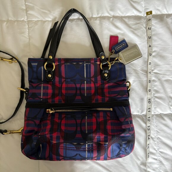 Coach Poppy 2way Shoulder Bag Red Blue Tartan Plaid Signature Canvas Patent Trim - Picture 5 of 16